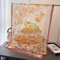 Detail of elegant silk scarf featuring traditional Chinese ink painting and floral motifs - Beige (XA11-3)