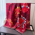 Elegant red silk scarf with peony floral prints and traditional Chinese dragon patterns - 180*87CM / Red