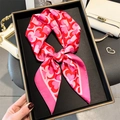 Satin silk scarf with heart print tied in a bow inside a premium black gift box - 70*70cm / FG9-2 Pink Red Heart