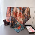 Artistic double-sided floral paisley silk scarf with vintage patterns for sun protection - 90x90cm / Floral Green (Persimmon Flower Style)