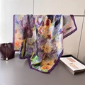 Double-sided herringbone silk scarf featuring vibrant iris flower print and purple borders - Purple Contrast Edge (FH2-5)