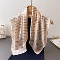 Champagne silk-like square scarf with black polka dots on a wooden hanger - Beige Polka Dot (FG11-5)