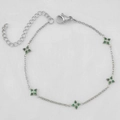 Silver four-leaf clover bracelet with green gems and white enamel details - Steel Color Green Zirconia Small Clover (B0002S-2)