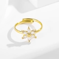Adjustable golden stainless steel ring featuring a six-petal marquise gemstone flower - Flower Open Ring (R0026G)