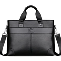 Classic black grain leather business briefcase for men with adjustable shoulder strap - Black