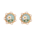 Boucles d'oreilles fleurs en émail avec pétales roses, fond bleu et petites perles - Bleu Clair (Fleur Rose)