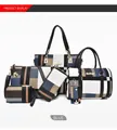 Detail of 6-piece tote bag set featuring blue geometric plaid pattern and gold hardware - Blue
