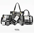 Detailed view of 6-piece women's handbag set featuring classic black and white plaid patterns - Black