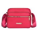 Fashionable rose red nylon crossbody bag with three zipper compartments and metal logo - Red