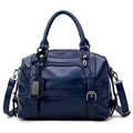 Retro deep blue leather Boston handbag with dual top handles and adjustable shoulder strap - Dark Blue
