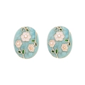 French floral enamel earrings with pink flowers, green leaves and small pearls - Light Blue Marble Floral Style