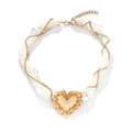 French vintage gold heart pendant necklace with pearl and rhinestone mesh chain - Gold