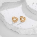 Luxurious gold heart stud earrings with white micro-pave zircons and beaded edge - Heart Stud Earrings (E0056)