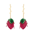 Elegant gold metal branch earrings with red enamel rosebuds in a layered floral design - Rose Red