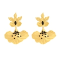 Vintage gold plated floral drop earrings with black rhinestones in a retro leaf design - Gold