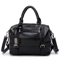 Classic black faux leather Boston bag with silver hardware and adjustable strap - Black