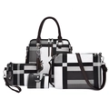 Damen Handtaschen-Set 3-teilig mit geometrischem Muster und Katzenanhänger - Schwarz