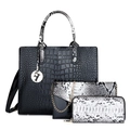 Set de 3 bolsos negros con relieve de cocodrilo, detalles de serpiente y colgante oro - Negro