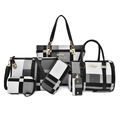 6-teiliges Handtaschenset mit Karomuster, Shopper, Umhängetasche und Geldbörse - 6-Teiliges Set / Schwarz