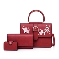 Three-piece dark red tote bag set with floral embroidery and white pearl accents - Red
