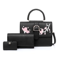 Black 3-piece handbag set with floral embroidery, pearls, wallet and mini card holder - Black