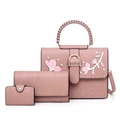 Pink 3-piece bag set with floral texture, pearl decor, and woven top handles - Pink