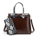 Deep wine red faux crocodile leather tote bag set with black and white snake skin trim - Brown
