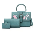 Teal 3-piece bag set with floral embroidery, including tote, wallet, and card holder - Lake Blue