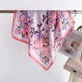 Elegant floral print silk scarf in pink tones draped with luxury chain bag and card - Pink (FG2-3)