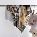 Artistic floral silk scarf with checkerboard pattern elegantly draped on metal rod - Green Khaki / 66-70cm