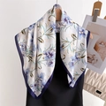 Elegant floral silk square scarf with blue and purple flowers on a white background - Peacock Blue (Blue-Purple Floral)