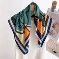 Elegant silk scarf with abstract geometric flower prints in green and orange tones - 70*70cm / FG1-2 Green Orange Rose