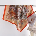 Detail of vintage floral silk scarf with tropical bird prints and orange border edge - Orange Red Classical Architecture Print