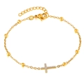 Bracelet croix en acier titane plaqué or 18 carats avec zircons blancs et boules - Style Perle de Zirconium Micro-incrusté Croix (B0044G) / Or