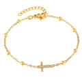 Bracelet croix en acier titane plaqué or 18K avec zircon coeur sur chaîne à billes - Style Croix Coeur Vidé avec Zirconium Incrusté (B0045G) / Or