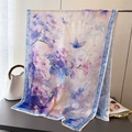 Detail of floral printed silk scarf with blue butterfly and elegant purple gradients - Purple