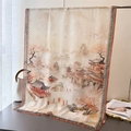 Detail of traditional Chinese ink landscape print on premium silk shawl with floral borders - Brown (XA4-1)