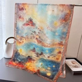 Détail d'un foulard en soie imprimé avec art chinois montrant des paysages précis - 180*70cm / Bord Café