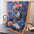 Detail of sheer long scarf with vibrant koi fish print and floral ethnic borders - 180*70cm / Navy Blue