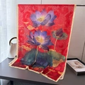 Luxurious red silk scarf featuring elegant purple magnolia floral print and gold edges - Red