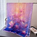 Detailed texture of colorful magnolia flower print on sheer silk long scarf and shawl - Purple