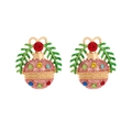 Sparkling pink Christmas ornament earrings with colorful rhinestones and green pine motif - Mixed Colors (Pink Christmas Ball)