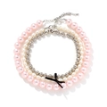 Multi-layer necklace with pink and white faux pearls, silver beads and a black ribbon bow - Pink/White/Silver (Mixed)