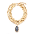 Collana a doppio strato dorata retrò con ciondolo ovale a trama marmorea blu e minimalista - Oro