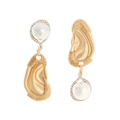 Modern gold ear-shaped dangle earrings with white pearls and sparkling pave borders - Gold
