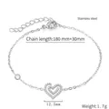 Silver stainless steel heart bracelet with white zircon inlay and adjustable chain - Heart Shape / Steel