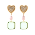 Orecchini pendenti con cuore diamantato, perla barocca e pietra in resina verde - Oro