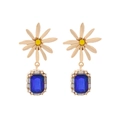 Elegante Gänseblümchen-Ohrringe mit blauem Kristall im Smaragdschliff und Strass - Gold