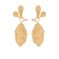 Golden alloy leaf pendant earrings with textured finish and pastoral organic nature design - Gold