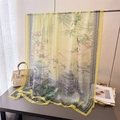 Detailed view of yellow floral silk scarf with traditional Chinese ink garden print - Beige (XC8-2)
